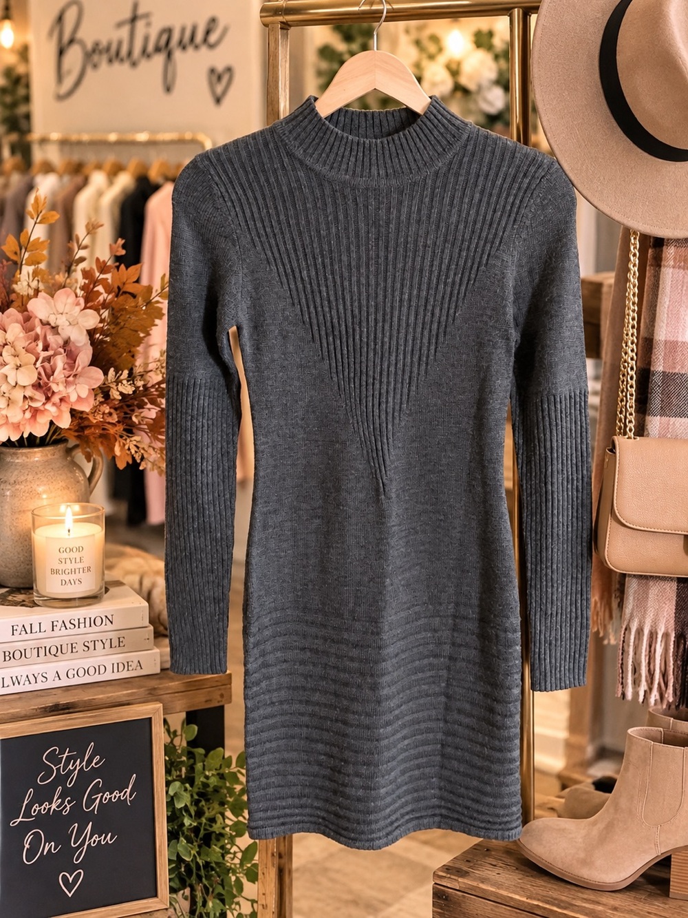 Max Studio Charcoal Gray Ribbed Mock-Neck Sweater Dress